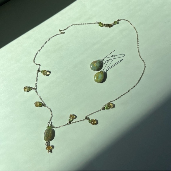 Handmade Necklace And Earring Set - Green & Yellow Glass - Gold Filled Chain - Picture 9 of 13